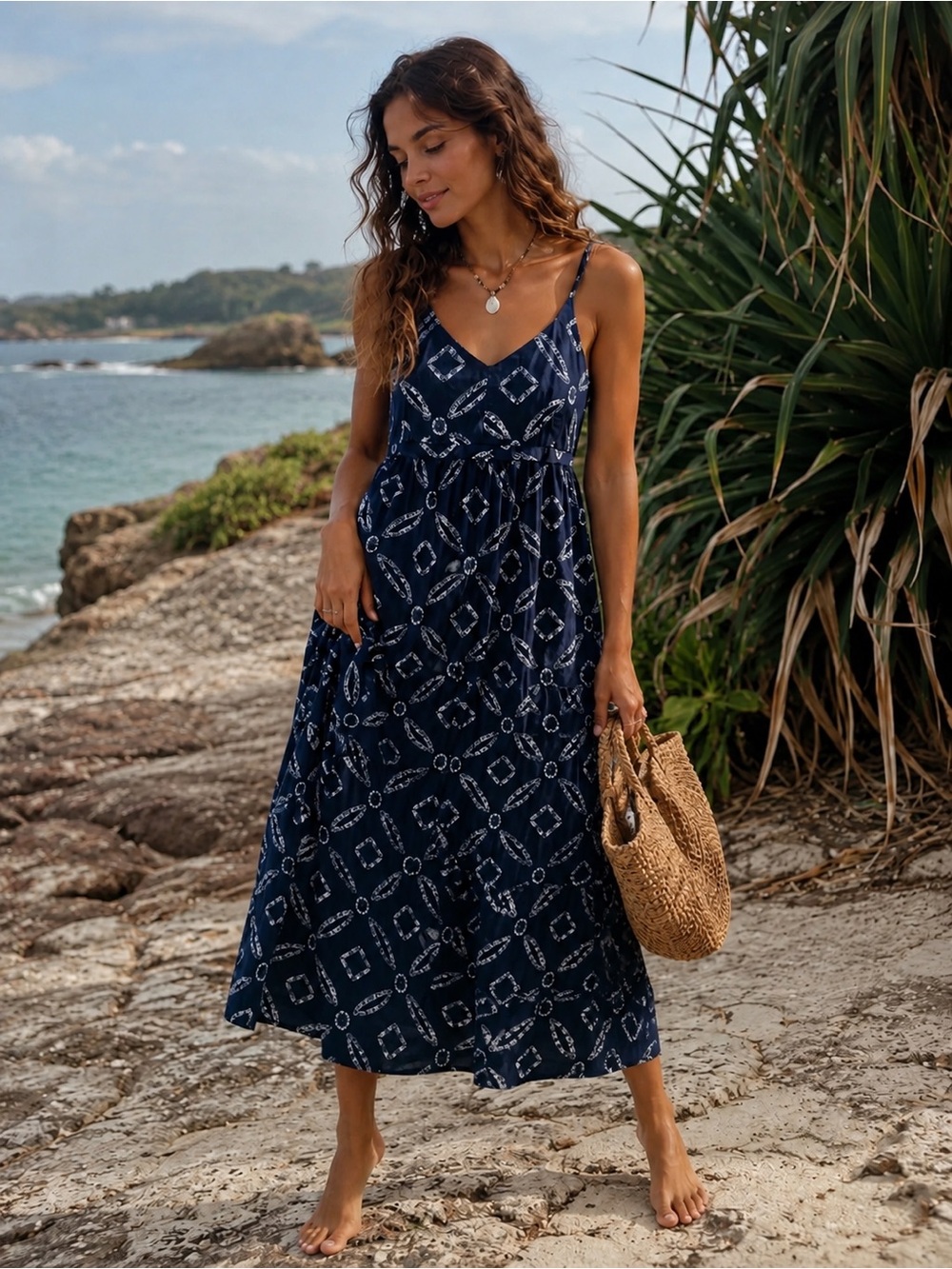 Coastal Navy Blue Midi Dress Size 10 100% Cotton Block Print Beach